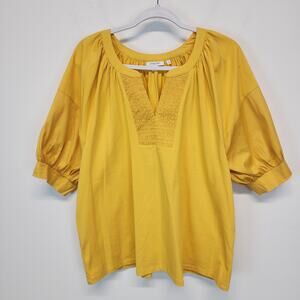 Chicos 3 Smocked Puff Sleeve Peasant Top Size XL Yellow Stretch V-neck Pullover